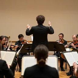a maestro conducts an orchestra of pop instruments, shot from behind