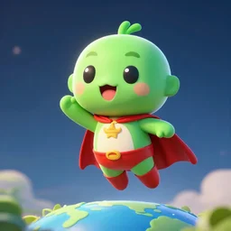 cute green mascot superhero, guarding the world, levitating, high quality