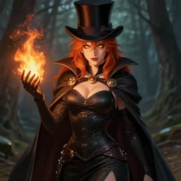 full portrait of a dark fantasy female pyromancer, smug, skintight dress, black camisole, cloak, redhead, yellow eyes, top hat, finesse, key visual, realistic shaded perfect face, fire, fine details, forest background, smooth, highly detailed, digital illustration, by artgerm, rossdraws, frank franzzeta