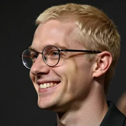 a short haired blonde man smiling, troll face chin, eye glasses, rotten teeth, profile