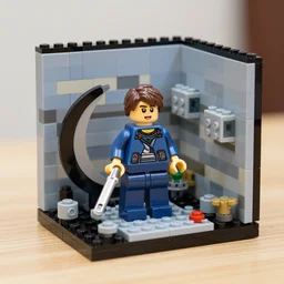 a detailed photo of a diorama of action figure lego, macro photography, zoom, table, studio lighting