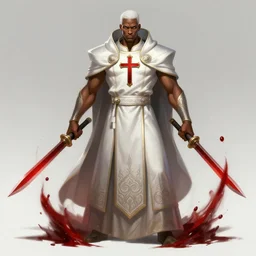a highly detailed illustration of short white haired african priest, wearing cross on robe, wielding red blades, strong standing pose, blood flowing around him, muscular, intricate, elegant, highly detailed, centered, digital painting, artstation, concept art, smooth, sharp focus, league of legends concept art, WLOP