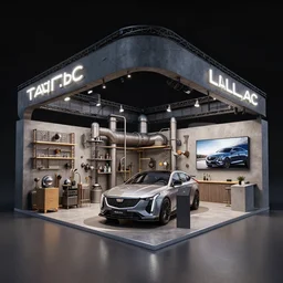 an industrial design of a Cadillac autoshow booth concept art cinema4d render