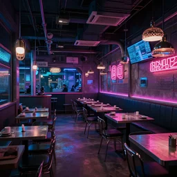 full view, from a distance, of cyberpunk cafe in taipei, highly detailed
