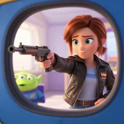 disney character girl wearing a leather jacket inside a mcdonalds while pointing an automatic rifle at the lens, inside out movie still, walt disney motion pictures, high detail, natural light, ray tracing, trending on artstation, 4 k, ultra hd, blu ray