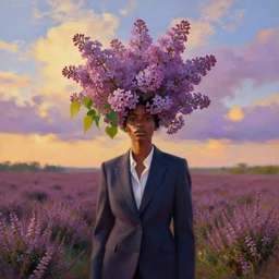 portrait, a giant lilac flower as head, black woman in suit in heather field, surreal photography, golden hour, colorful clouds, impressionist painting, digital painting, artstation, simon stalenhag
