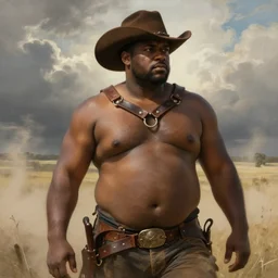 a beautiful dramatic epic painting of a chubby shirtless handsome!! black man | he is wearing a leather harness and cowboy hat | prairie setting, dust clouds | homoerotic, highly detailed, dramatic lighting | by Mark Maggiori, by William Herbert Dunton, by Charles Marion Russell | trending on artstation