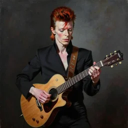 david bowie playing guitar as an oil painting