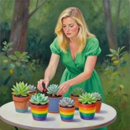painting by Rob Hefferans of a beautiful blonde woman with shoulder length hair in a forest green dress putting colorful succulents into rainbow pots at a square table