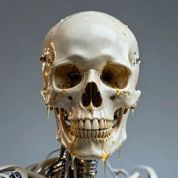 photograph of a cyborg skull, glowing technical parts, golden fluid dripping down, studio lighting, 4k
