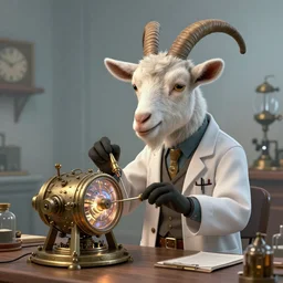 a goat who is a mad scientist, wearing a lab coat, inventing a time machine, steampunk style, digital art, trending on artstation and unreal engine, deviantart, smooth, hyper detailed