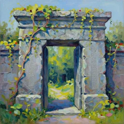 colorful Mark Keathley impasto!! acrylic painting of the slate stone gateway of a forgotten civilization. vines and creepers, stone etchings