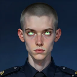 detailed character full face portrait of a skinny buzzcut androgynous handsome federal government agent glowing eyes artgerm greg rutkowski mucha