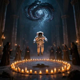 an astronaut floating in the middle of a spell circle of burning candles in an eerie cathedral surrounded by a group of cultists performing a ritual, there is a vortex of obsidian forming in the air above volumetric lighting, photorealistic, ultra detailed