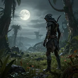 abandoned by moon hoon, alien san andreas extraterrestial hyperrealism myst lightpaint futuristic dramatic lighting overcast meadow at night retro junglepunk assassin's creed tundra, archdaily, wallpaper, highly detailed, trending on artstation.