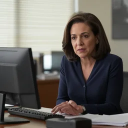 Movie still of Sheryl Sandberg in her office in The Doomsday Machine, directed by Steven Spielberg, establishing action shot