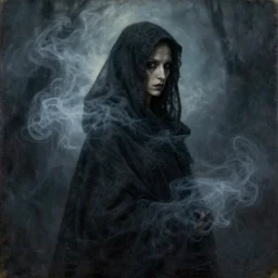old shadow hag cloaked in ethereal smoke and wisps of shadow looking away from camera, profile shot, hyperrealistic, subject in center of frame, neonpunk, oil on wood portrait by rembrandt and leonardo da vinci and jan van eyck, artstation, deviantart, rule of thirds