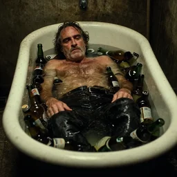 the top shot of old wrinkled drunkard ( ( joaquin phoenix ) ) lying in old cast iron bath filled with many empty beer bottles in the water, cinematography of christopher doyle, dark old dirty room, anamorphic, kodak film, sharp focus, realistic, 8 k h 7 6 8