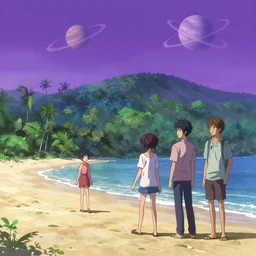 beach with jungle in the background, purple sky with planets above, official fanart behance hd artstation by jesper ejsing, by rhads, makoto shinkai and lois van baarle, ilya kuvshinov, ossdraws