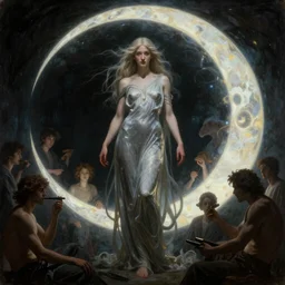awe-inspiring award-winning concept art nouveau painting of attractive figure called the goddess of the moonbow, darkness, by Alphonse Mucha, Michael Whelan, William Adolphe Bouguereau, John Williams Waterhouse, and Donato Giancola, cyberpunk, fierce, extremely moody lighting, glowing light and shadow, atmospheric, shadowy, cinematic, 8K, n 9