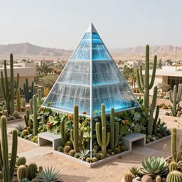electrostatic water condensation collector pyramid, irrigation, vertical gardens, cacti, in the desert, urban planning, futurism, concept art, XF IQ4, 150MP, 50mm, F1.4, ISO 200, 1/160s, natural light