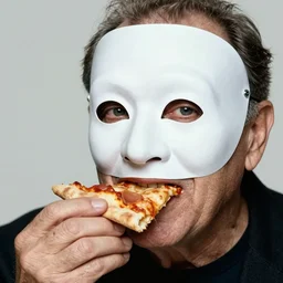 portrait photo of wrinkled man wearing a pulcinella mask, eating pizza, studio photography, diffuse light, closeup, sharp focus, clear eyes, photo by annie leibovitz