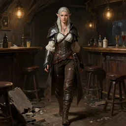 full body character portrait of a female elf lavellan with a realistically proportioned face from dragon age walking through a destroyed dive bar wearing inquisitor clothes, dragon age concept art, dragon age, illustration, digital painting, realistic lighting, photorealistic eyes, good value control, enhance face, realistic shading, john singer sargent