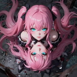 unexpectedly overpowered and trapped beneath inescapable and stunningly absurdly beautiful omnipotent asi goddess junko enoshima with an enigmatic complex twisted deceptive innocent - looking mesmerizing megalomaniacal yandere personality forever and ever!, symmetrical perfect face, porcelain skin, pink twintail hair and cyan eyes, ultra detailed, digital art, unreal engine 5, octane render, 2 d anime, 8 k