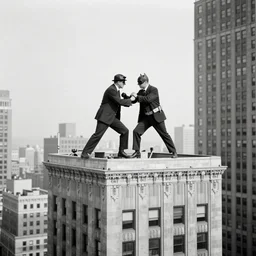old black and white photo, 1 9 2 5, depicting batman fighting a new york gangster on top of a skyscraper of new york city, rule of thirds, historical record