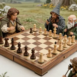 a realistic chess board with hobbits, wizards and elves as the game pieces