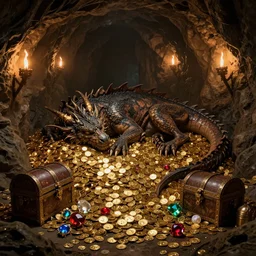 a very old dragon asleep, in a cave, dark - lit with torches along the walls, with a massive amount of gold coins, treasures, gems, rubies, and a treasure chest, piled around, very high detail, 8 k, artstation, deviantart