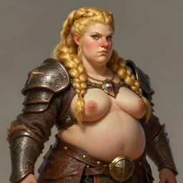 chubby female dwarven woman wearing leather armor| neat elaborated long curly braided golden hair | big nose | beautiful plump body | intricate, highly detailed, digital painting, artstation, concept art, dungeons and dragons , art by greg rutkowski and giotto