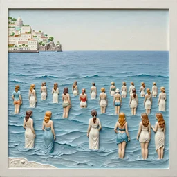 3d high relief painting of lots of girls in the sea at Amalfi, sea level view point painted in the style of the old masters, painterly, thick heavy impasto, expressive impressionist style, painted with a palette knife