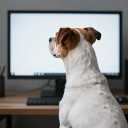 barking dog looking at monitor photo dramatic lighting from behind