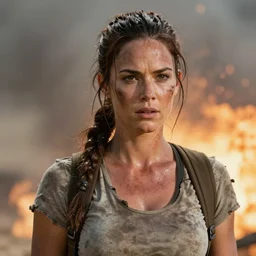 a film still of lara croft as cop, her clothes little damaged because explosion, her face muddy and sweat, direct sun light, close up potrait, cinematic,