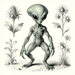 vintage scientific botanical illustration of an alien monster