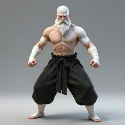 Full body Picture of a male monk, fighter, exposed torso, bandage on arms, muscles, baggy black pants, symmetry, equal lenght arms, white skin, bald, white long beard, brown eyes, detailed face, combat stance, handsome, D&D, by artgerm and Craig Mullins, James Jean, Andrey Ryabovichev, Mark Simonetti and Peter Morbacher, matte painting, trending on artstation, artstationHD, artstationHQ, octane, full HD, 16K