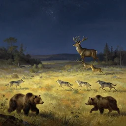great landscape primordial nature beasts far away running stars giant deer pack of wolves bears wilderness animals fields woodlands bears llustration sharp focus sunlit vista starlight painted ruan jia raymond swanland lawrence alma tadema zdzislaw beksinski norman rockwell tom lovell alex malveda greg staples