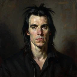 a portrait of nick cave, masterpiece, dramatic lighting, painting by caravaggio and ruan jia and daytoner and jakub rebelka and szukalski