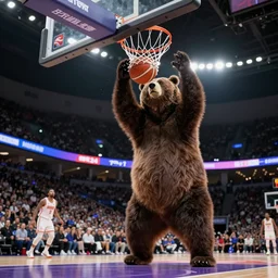 bear dunking basketball in full stadium, highly detailed, realistic, 4 k uhd image