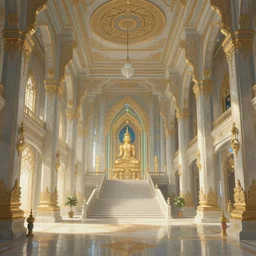 Fantasy Asian inspired wide royal palace foyer with infinitely high ceilings, infinitely long corridors, wide grand staircase, Buddhist imagery, bejeweled, natural lighting, digital painting, concept art by Shaddy Safadi