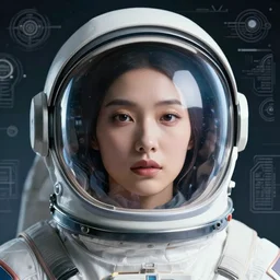 retrofuturistic portrait of an asian woman in astronaut helmet, smooth transparent visor, reflective gradient, detailed space graphics in background, close up, quint buchholz, wlop, dan mumford, artgerm, liam brazier, peter mohrbacher, raw, featured on artstation, octane render, cinematic, elegant, intricate, 8 k
