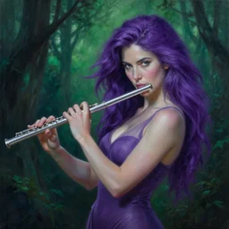 painting of alluring woman in the green forest at midnight, detailed face, flowing purple hair, skintight tunic, silver flute, smooth, sharp focus, award - winning, masterpiece, extremely detailed, intricate, art by rebecca guay, rossdraws