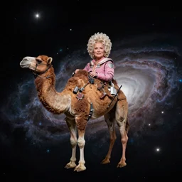 Dolly Parton floating in space with a camel. In the style of the James Webb Space Telescope, photograph, dark matter, galaxies, david lynch, strange, photo realistic