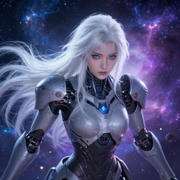 photo of a android girl on a mothership, warframe armor, beautiful face, scifi, nebula, masterpiece, universe, raytracing, dreamy, focused, sparks of light, xianxia, attractive, long white hair, blue eyes, unique, 8 k high definition, insanely detailed, intricate, innocent, art by akihiko yoshida, antilous chao, woo kim