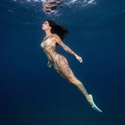underwater photography full body portrait, low angle, from below, of beautiful simple persian diver tattooed young hunter pincess swimming underwater, low angle, realistic, 4 k, high quality, masterpiece photography by terry o'neill intricate, elegant, highly detailed, smooth, sharp focus, by artgerm and greg rutkowski and alphonse mucha, 8 k