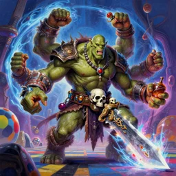 a ultradetailed painting of yidris maelstrom wielder 4 armed orc, skulls belt potions with large blade being blast by energy, by karl kosinski yayoi kusama mc escher gottfried helnwein magic the gathering art, sci fi, futurism, vibrant colors zbrush sharp focus