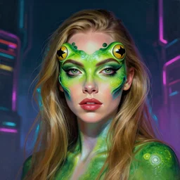 a portrait of cara delevingne as frog makeup, cyberpunk, fantasy, neon lights, sharp focus, intricate, elegant, digital painting, artstation, matte, highly detailed, concept art, illustration, ambient lighting, art by ruan jia and artgerm and range murata and wlop and ross tran and william, adolphe bouguereau and beeple