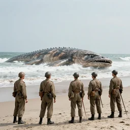 1940s photo, long shot, 5 soldiers looking at a huge creature washed up on a beach
