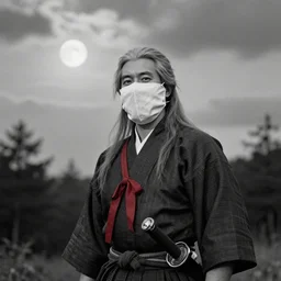 old vintage photo of samurai standing calmly wearing a fabric mask, long gray hair, in. forrest, sky is cloudy and full moon, a red ribbon on his clothes, sword, hyperrealism, black and white, artistic photography, trending on artstation